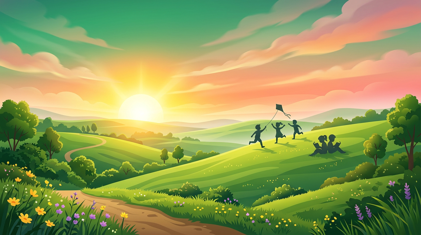 Warm sunrise over hills—symbolizing hope, new beginnings, and children’s futures opening with support.